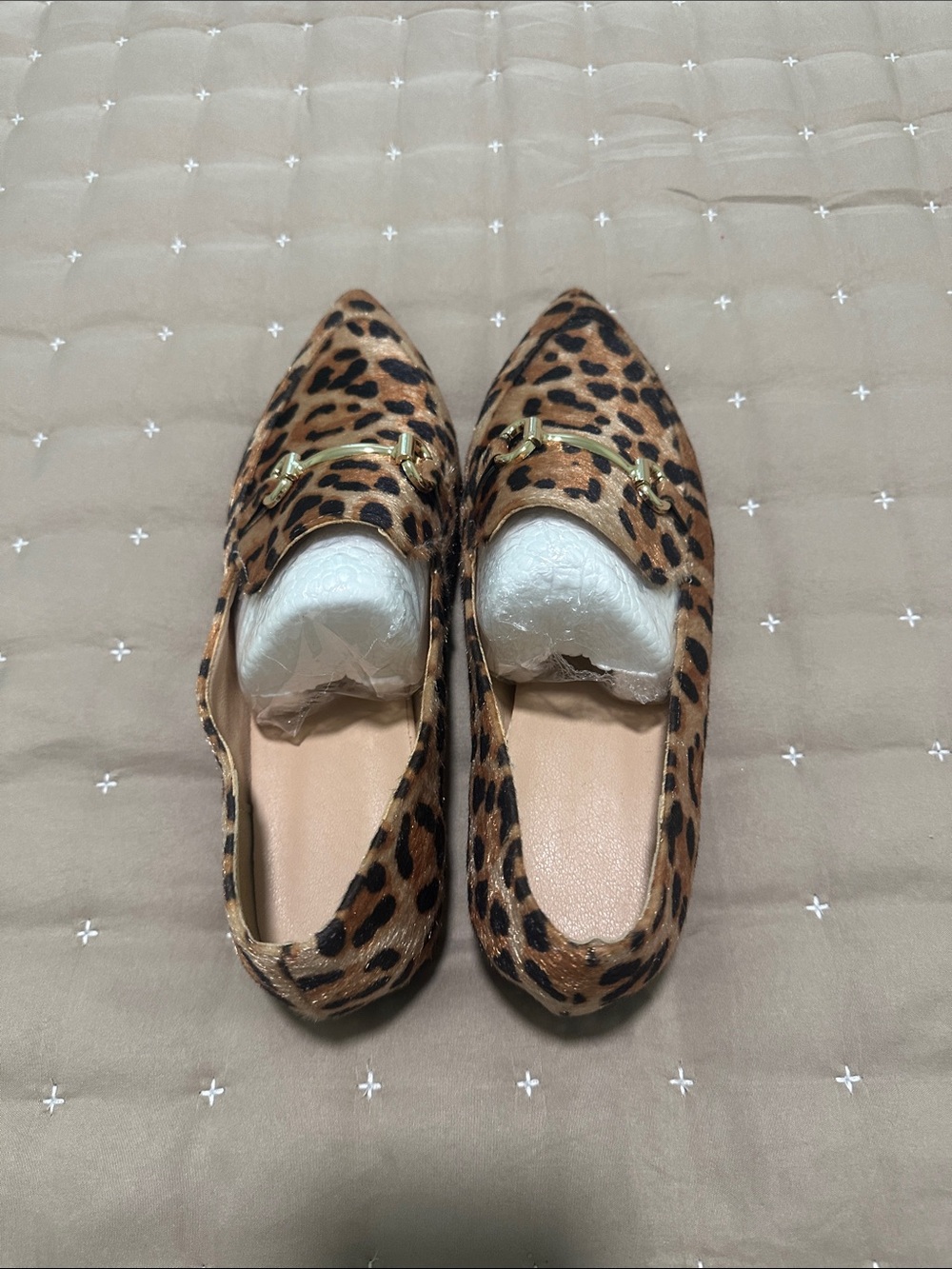 Leopard Print Pointed Toe Loafers with Gold Accent - Women's Animal Print Flats